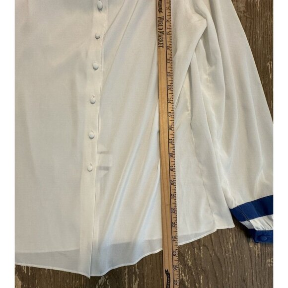 ST. JOHN White Button Down Collarless blouse Size 10  Sheer Blue Accent Luxury - Picture 5 of 9